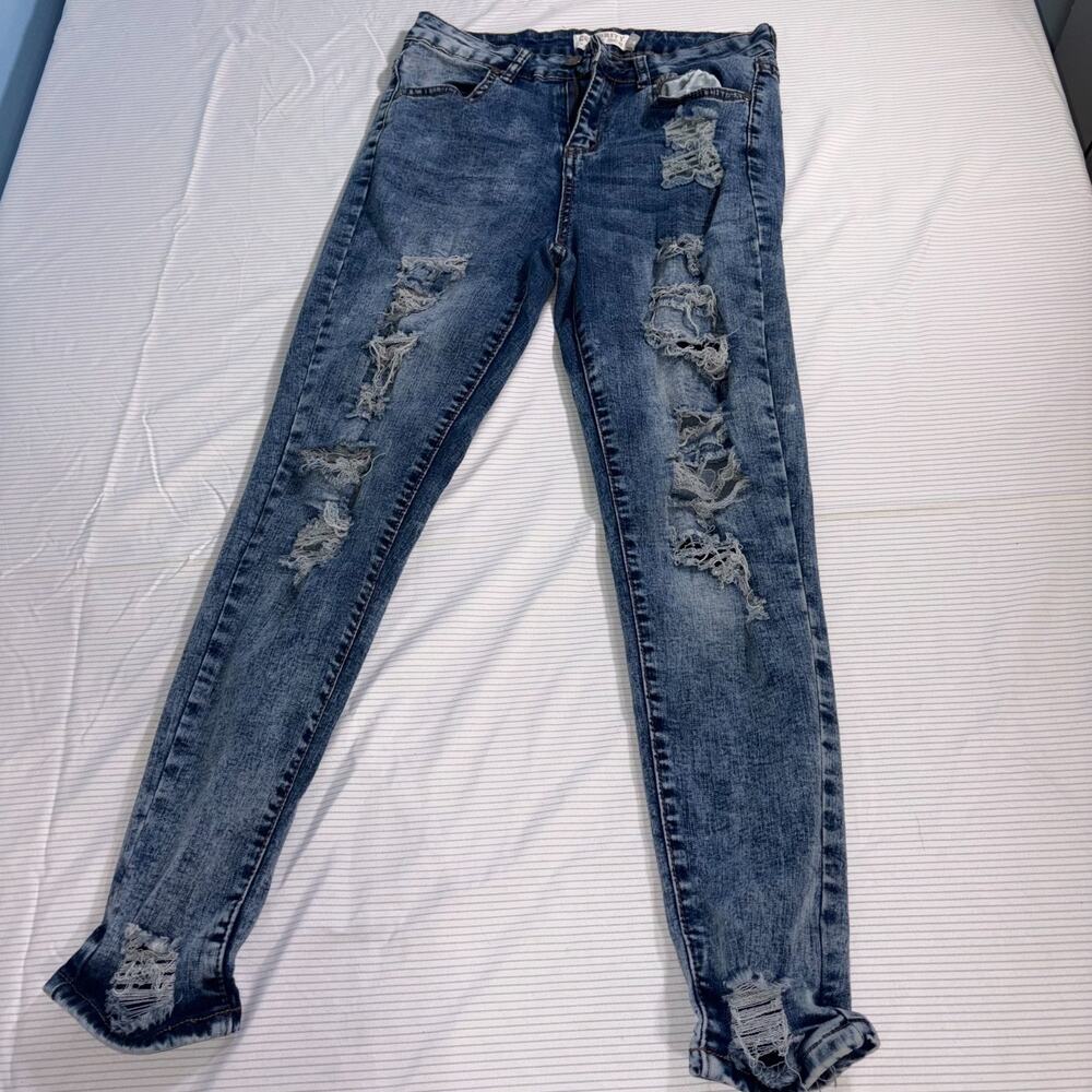 CELEBRITY ACE JEAN SIZE 9-10 - PreLoved Blue Skinny Jeans with Ruffles and Holes